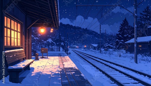 Anime illustration of an empty snowy train station platform at night with warm window light
