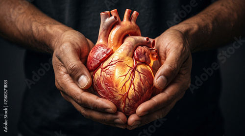 Hands holding an anatomical human heart symbolizing health and life