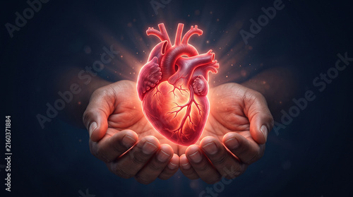 Glowing human heart in cupped hands concept of health and care