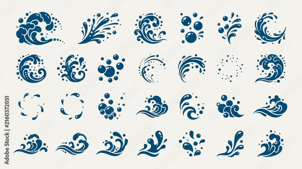 Fototapeta premium Traditional Japanese Ocean Foam Wave Crest Water Splash Droplet Decorative Vector Elements Collection for Graphic Design