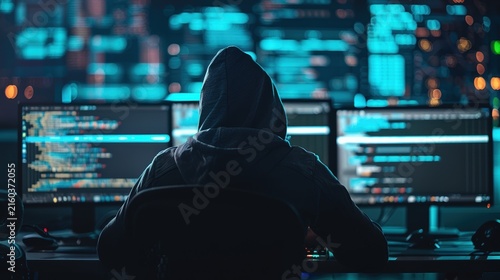 Cybersecurity expert or hacker working with code on screens in dark room
