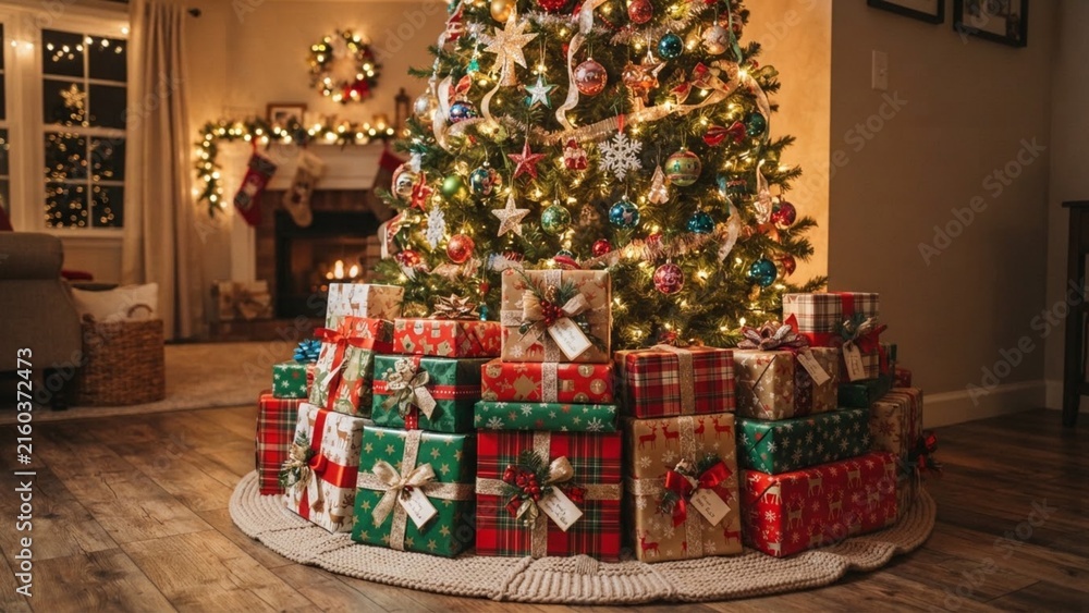 Fototapeta premium Cozy Christmas Living Room with Decorated Tree and Stacked Gifts