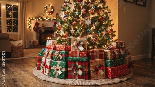 Cozy Christmas Living Room with Decorated Tree and Stacked Gifts