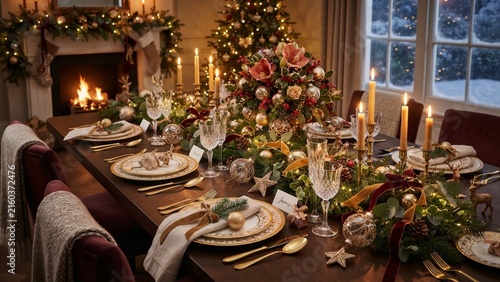 Cozy Luxury Christmas Dinner Table Setting with Warm Candles, Elegant Decor, and Festive Fireplace Background