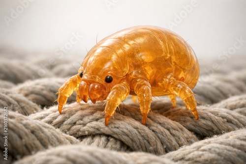 Amber tick on woven rope macro closeup with translucent body and legs