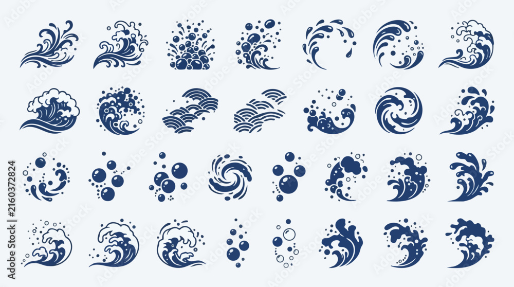 Fototapeta premium Japanese Wave Elements with Ocean Foam Water Splash Sea Spray Droplet Swirl Decorative Vector Collection Traditional Japanese Marine Design