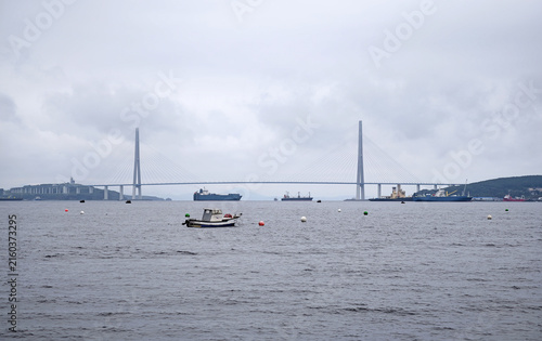 Photography Panoramic view of the Russky Bridge with ships in the Eastern Bosphorus strait