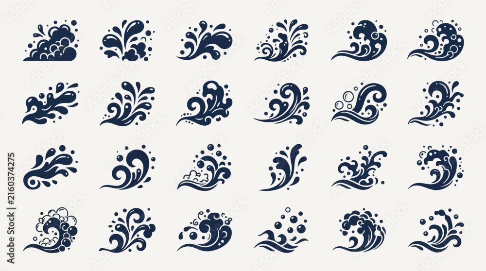 Fototapeta premium Japanese Water Splash Ocean Foam Wave Swirl Sea Spray Droplet Ornament Vector Element Set Inspired by Traditional Art