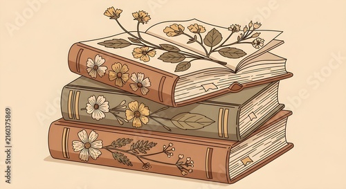 Vintage illustrated stack of botanical books with flowers representing literature, education, knowledge, reading, heritage and cozy scholarly decor