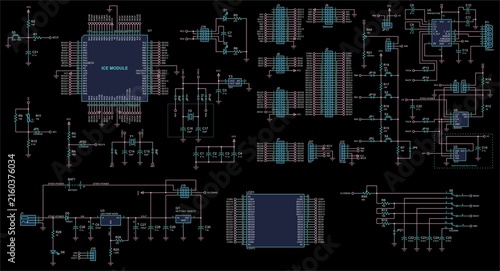 Electrical schematic diagram of digital
electronic device with lcd, operating under control of 
microcontroller. Radio scheme with integrated circuit, 
resistor, capacitor, sensor.