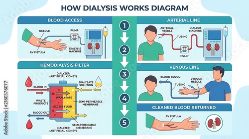 Medical infographic showing hemodialysis process in five steps
