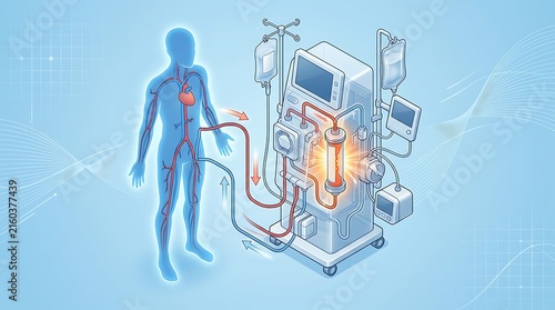 Medical dialysis machine connected to human circulatory system