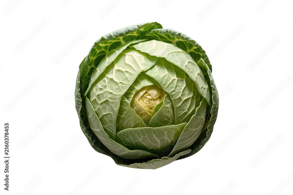 Fototapeta premium Compact green cabbage head top view isolated on transparent background
