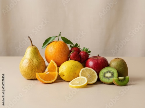 Assorted fresh fruits including pear orange strawberry lemon apple and kiwi on light base.