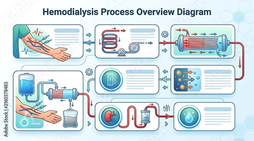 Hemodialysis medical process diagram showing blood filtration stages