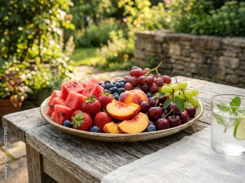 Assortment of fresh fruits on plate in outdoor garden setting.