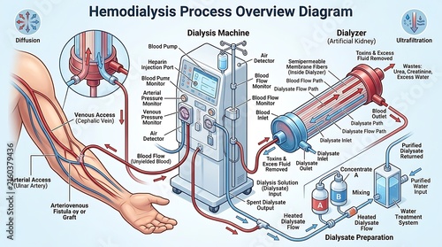 Medical diagram of hemodialysis procedure with machine and dialyzer