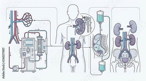 Medical infographic showing kidney dialysis and human renal anatomy
