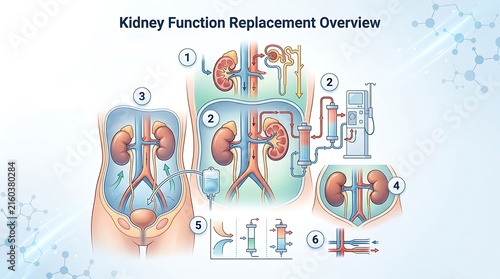 Medical infographic showing kidney function replacement and dialysis