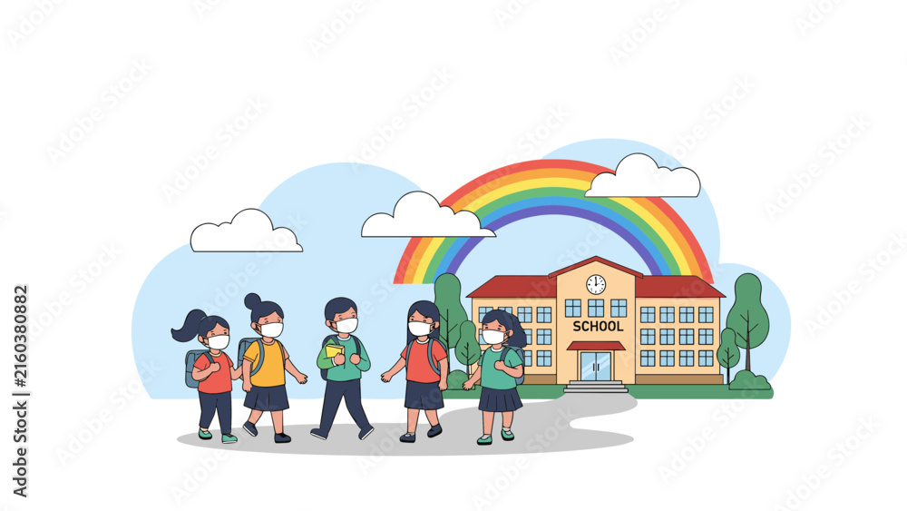 Naklejka premium Group of primary school students wearing protective face masks in front of school building under a beautiful rainbow.