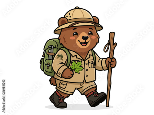 Cute cartoon bear character dressed as an explorer hiking with a backpack and walking stick.