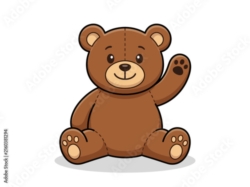 Cute cartoon brown teddy bear waving hello isolated on white background.