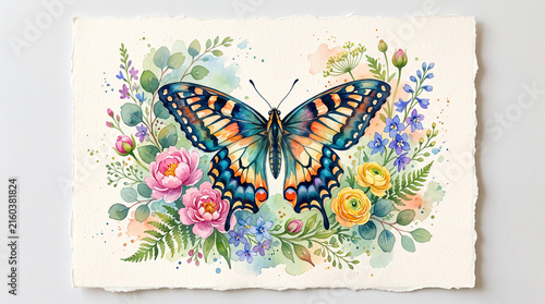 Delicate Watercolor Butterfly with Wildflowers on Textured Paper Background
