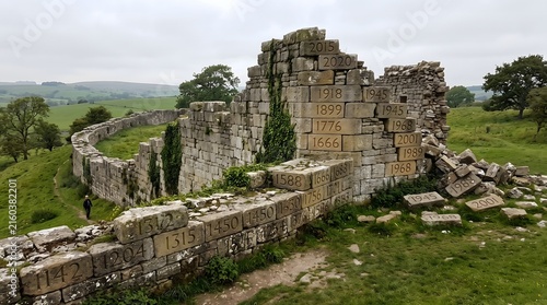 Ancient stone wall ruins featuring carved chronological dates on rural landscape backdrop for historical heritage concept and time passage storytelling display.