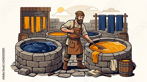 Medieval dyer stirring colored dye in vats