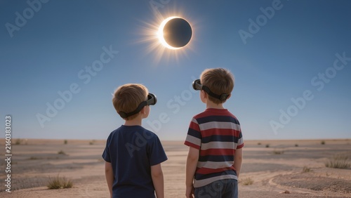 Two young boys wearing solar viewing glasses observe a solar eclipse in a desert landscape under a clear blue sky with sparse vegetation and distant horizon