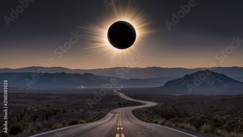 Solar eclipse viewed over winding road in desert landscape, mountains in the background, illuminated by sunlight rays emanating from the edges of the moon