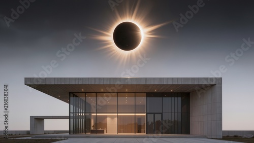 Modern architectural house with large glass windows under a solar eclipse, showcasing minimalist design and surrounding landscape in a serene environment