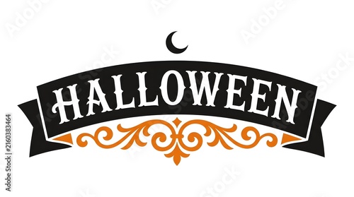 Vintage halloween banner with ornate details and a crescent moon illustration