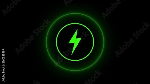 Neon Glowing Battery Charging Icon Animation with Colorful Neon Circle and Power Symbol on Black Background – 4K Motion Graphics.