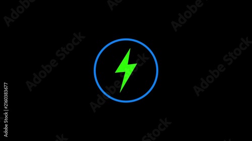 Glowing Green Lightning Bolt Power Icon with Blue Neon Circle for Electricity, Energy and Charging on Black Background, 4K video.