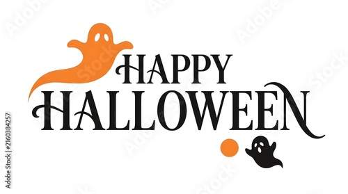 Festive happy halloween lettering with a friendly ghost and pumpkin illustration