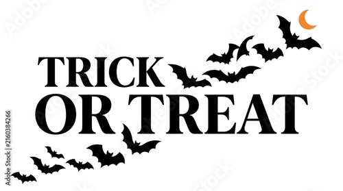 Vintage halloween graphic with trick or treat text and flying bats illustration