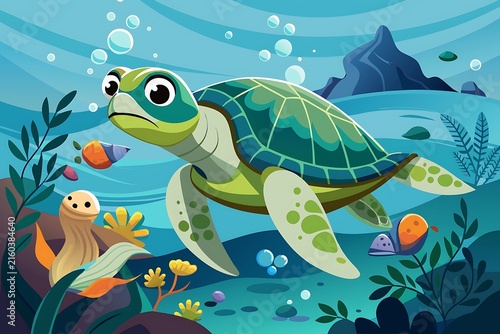 Cute sea turtle swimming among colorful underwater plants and sea creatures