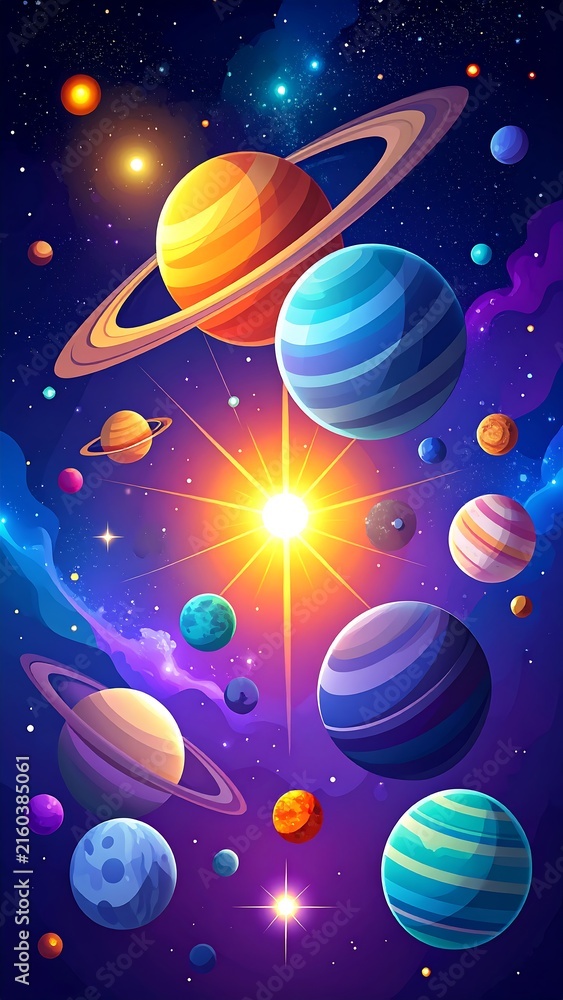 Naklejka premium Abstract digital art of glowing colorful planets in space.