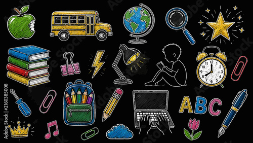 Chalkboard school icons set, hand drawn educational doodles on black background, back to school vector illustrations for classroom posters