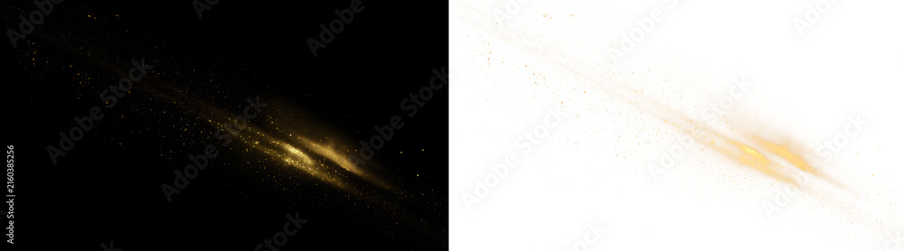 Fototapeta premium Golden Glittering Light Rays With Sparkling Dust And Dynamic Flowing Trails. Shining Sunlight Rays and Glow Effect – Bright Yellow Lens Flare