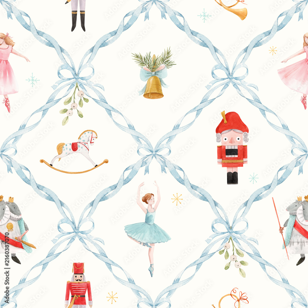 Naklejka premium Watercolor Nutcracker Christmas Seamless Pattern with Blue Ribbon Lattice, Ballerina and Holiday Characters