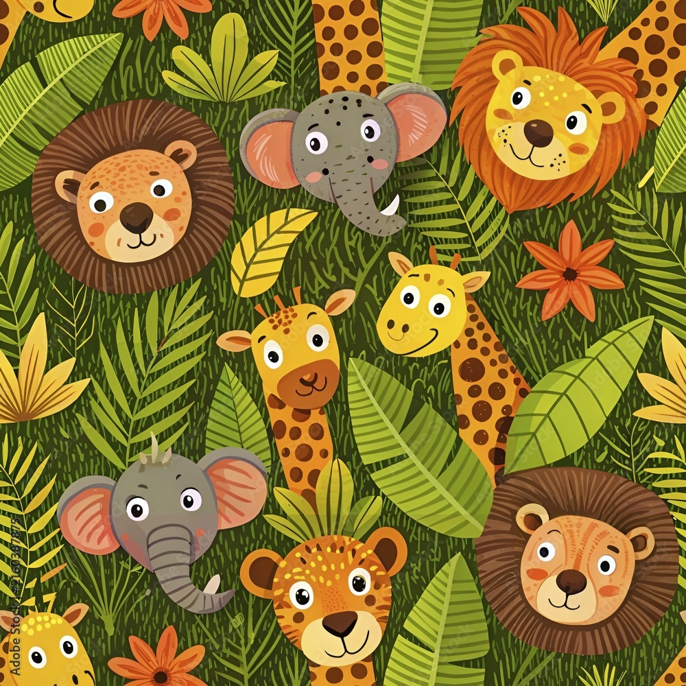 Naklejka premium Playful jungle pattern featuring animal faces like lions and elephants with leaves, AI generated