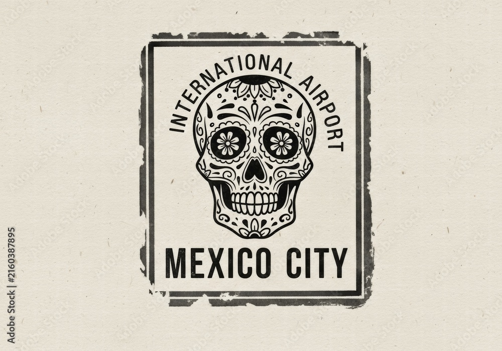 Obraz premium Ornamental skull design for Mexico City's international airport in a monochrome style, ai illustration travel graphics, AI generated