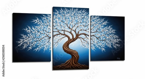 Stylized blooming cherry blossom tree with twisted trunk on transparent background