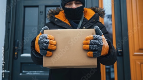 Courier in heavy thermal gloves holding cardboard parcel box for delivery
