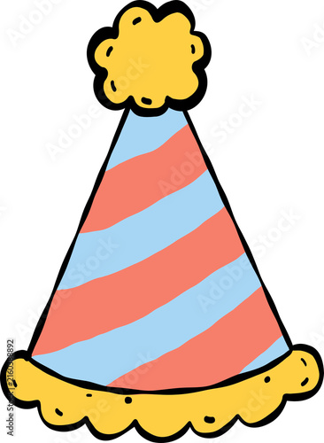 Isolated Cute Cone Party Hat Illustration Vector. Hand Drawn Pastel Blue and Red Striped Birthday Cap with Yellow Pompon. Whimsical Holiday Surprise Clipart Graphic.