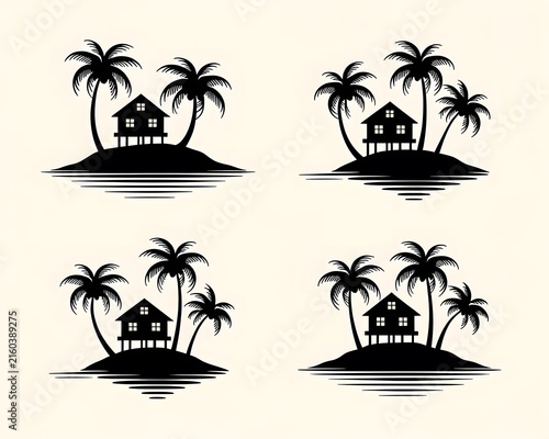 Tropical Palm Tree Silhouettes on a Beach at Sunset with Ocean, Island, Coconut Palms, and Summer Vacation Paradise Landscape Illustration