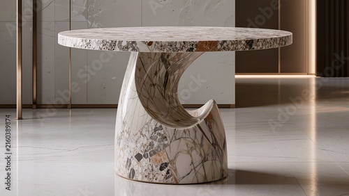 Modern marble dining table with unique curved base and round top, elegantly displayed in a contemporary interior setting with soft lighting and minimalistic decor