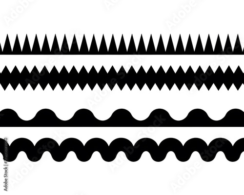 Black and White Abstract Pattern with Sharp Razor Blade, Spiral Telephone Cord and Metal Edge Tool Isolated on White Background